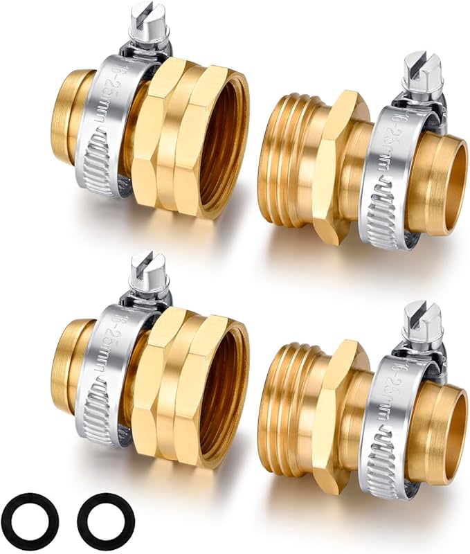 Garden Hose Repair Connector with Clamps Hose End Repair Kit,3/4" Barb Garden Hose Fittings Male and Female brass garden hose ends (3/4"Barb-2 Set)