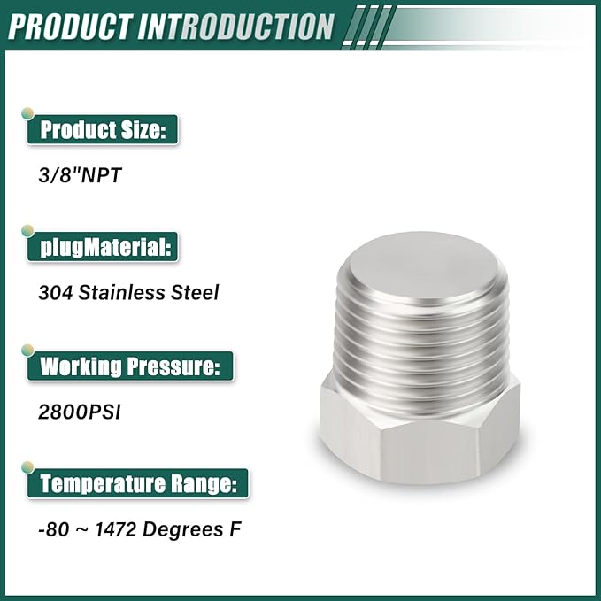 5PCS Stainless Steel Outer Hex Thread Socket Pipe Plug Fitting, 3/8" NPT Male, for Blocking or Sealing Holes in Pipes or Devices