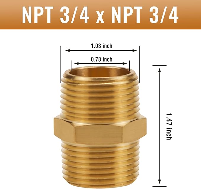 Brass Hex Nipple NPT 3/4 Male x NPT 3/4 Male Pipe Fitting, Heavy Duty Coupling Adapter Connector for Water/Oil/Gas Plumbing, 2PCS