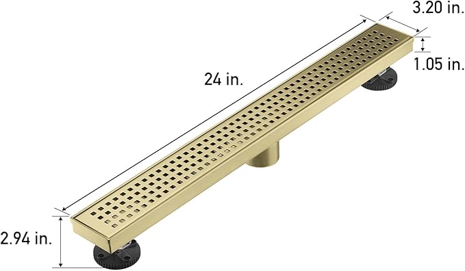 Linear Shower Floor Drain, Brushed Gold 24 Inch 304 Stainless Steel Bathroom Drains Kit, Long Rectangular Shower Trench Drain with Square Pattern Drain Cover & Hair Catcher