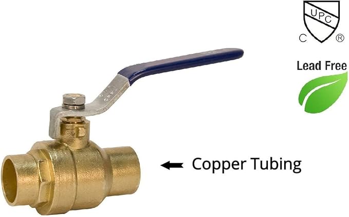EZ-Fluid 1/2" Sweat Solder C X C Brass Full Port Water Stop Shut Off Ball Valve,Heavy Duty LF,For Copper Tubing,Quarter Turn (1-Pack)