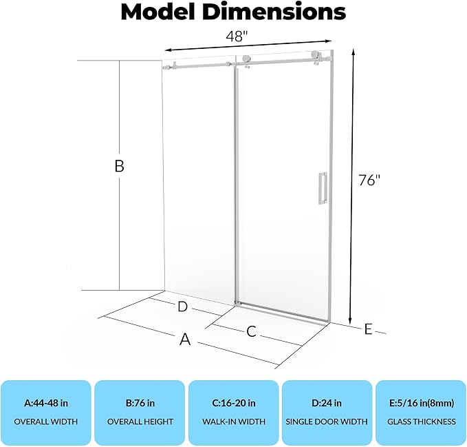 Frameless Sliding Shower Door Enclosure - 56 to 60 Inch Adjustable Width x 76 Inch Height, 8mm Coated Tempered Safety Glass with Easy Clean, Square Stainless Steel Rail, Brushed Finish