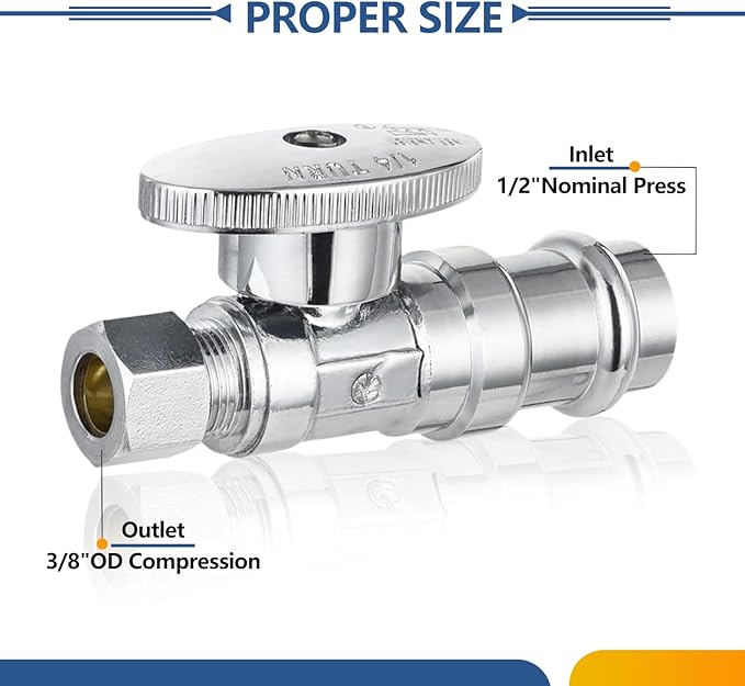50-Pack GUOFIS Straight Stop Valve,1/2" Nominal Press Inlet x 3/8" OD Compression Outlet,1/4-Turn Shut-off Valve for Potable Water(Chrome Plated)(VALVE397-50Pack)