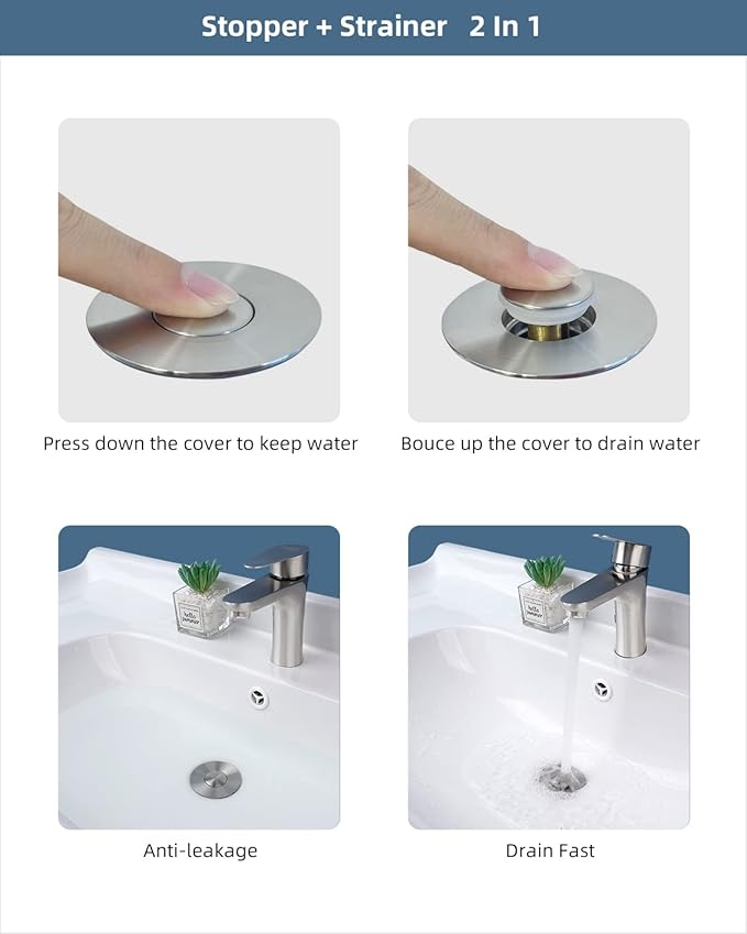 Hibbent 2 Pack All Metal Universal Bathroom Sink Stopper for 1.1''~2.3'' Basin, Pop Up Sink Drain Strainer, Brass Core Push Type Stopper, Stainless Steel Anti Clogging Drain Filter, Brushed Nickel