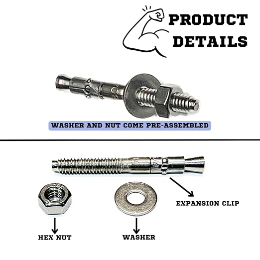Wedge Anchors – Heavy-Duty 304 Stainless Steel Expansion Bolts for Concrete & Masonry, Rust-Resistant & Durable - 1/4" X 2-1/4" - 50 Pack