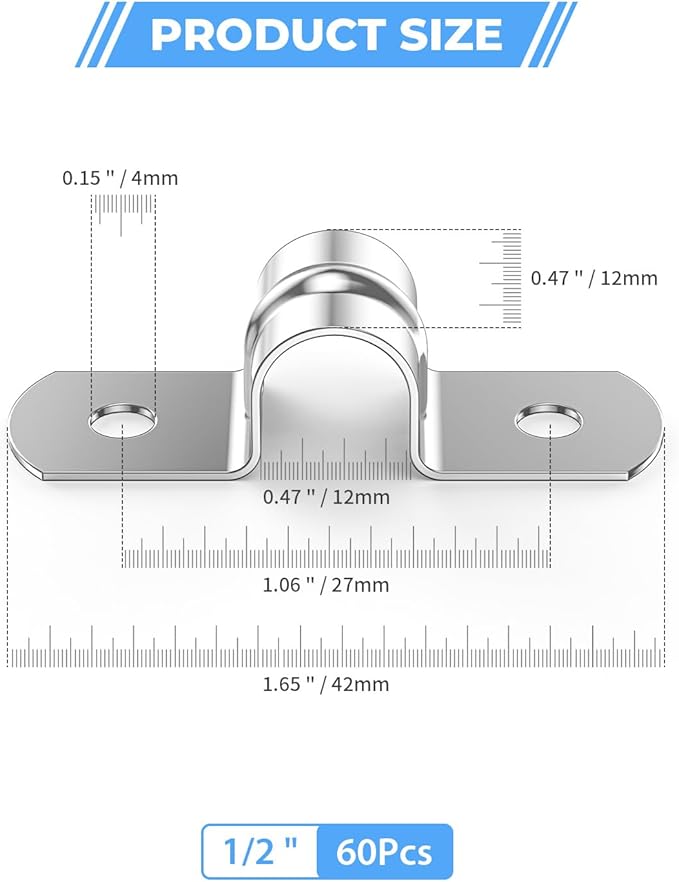 60Pcs 1/2 Inch (12mm) 304 Stainless Steel Conduit Clamps, U-Tube Strap Pipe Clamp Two Hole Strap U Bracket Rigid Pipe Strap Clamps Metal Conduit Strap Tension Clips U-tube Clamp Heavy Duty