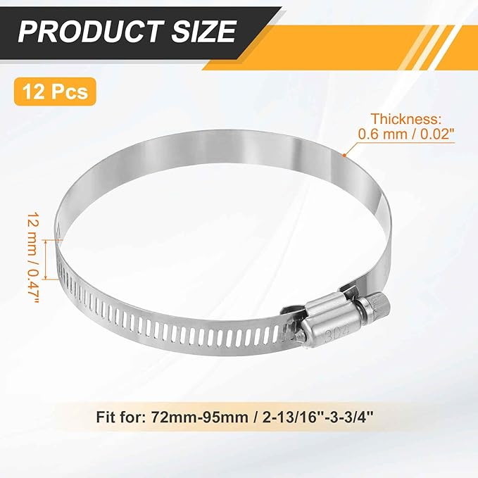 HARFINGTON 12 Pcs Hose Clamp 2-13/16"-3-3/4" (72-95mm) 304 Stainless Steel Adjustable Worm Gear Hose Clamp with Phillips Screw Assortment Kit for Fuel Line Pipe Plumbing Automotive Tube