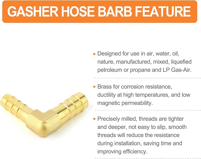 GASHER 10 Pieces Brass Hose Barb Reducer, 3/8 Inch to 5/16 Inch ID 90 Degree L Right Angle Elbow With 20 Hose Clamps, Reducer Splicer Fitting for Fuel/Air/Water/Oil/Gas/WOG