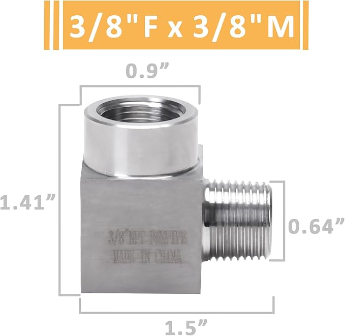 90 Degree Street Elbow - 3/8" NPT Male to 3/8" NPT Female Stainless Steel 304 Heavy Duty Forged Square Barstock Street Elbow Adapter Pipe Fitting (pack of 2)