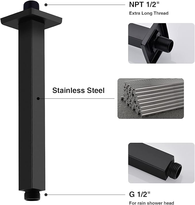 Matte Black Shower Arm with Flange Ceiling Mounted 8 Inch Square Extension Pipe for Overhead Rainfall Shower Head, Stainless Steel