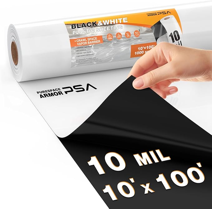 Crawl Space Vapor Barrier, 10 Mil Vapor Barriers, 10' x 100', Drop Cloth Vapor Barrier Covering for Crawl Space Encapsulation, Heavy Duty Polyethylene Plastic Sheeting, Black and White Panda Film