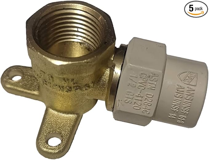 XFITTING 1/2 inch Female NPT x 1/2 inch CPVC Drop Ear Elbow, Brass, 5 Pieces