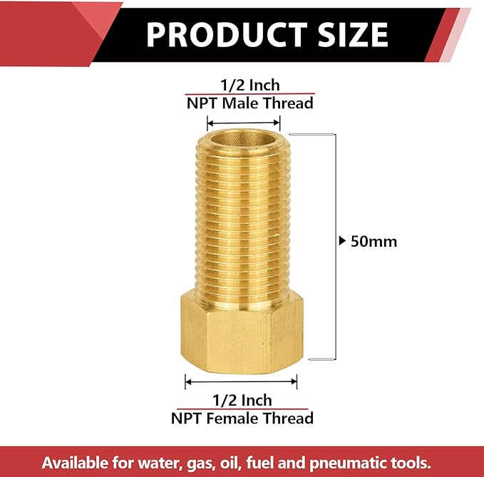 (Pack of 5) EFIELD 1/2" Male Pipe(NPSM) x 1/2" Female Pipe(NPSF) Extension Brass Fitting Adapter, 50MM Length, Hex Connector with Sealing Tape,(NPT137)