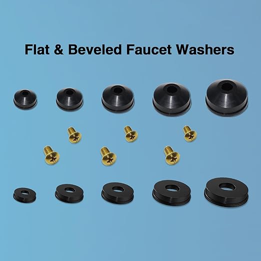 106 pcs Flat and Beveled Faucet Washers and Brass Bibb Screws Assortment for Use with Assorted Quick-Opening Style Faucets Stem Worn Out Washer Replacements Black