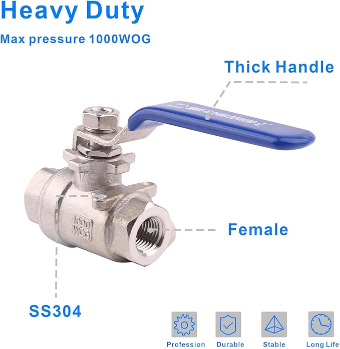 DERNORD Full Port Ball Valve Stainless Steel 304 Heavy Duty for Water, Oil, and Gas with Blue Locking Handles (1/4" NPT)