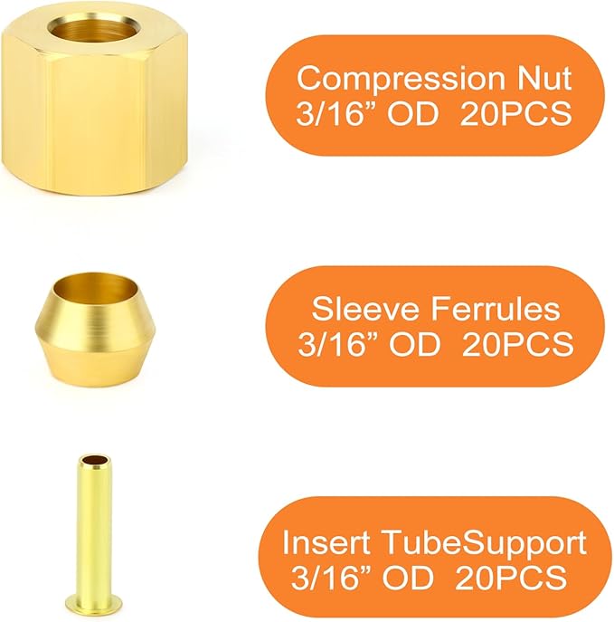 GASHER 60PCS Brass Compression Fitting Kit,Sleeve Ferrules&Insert Tube Support&Ferrule head,3/16" Tube OD
