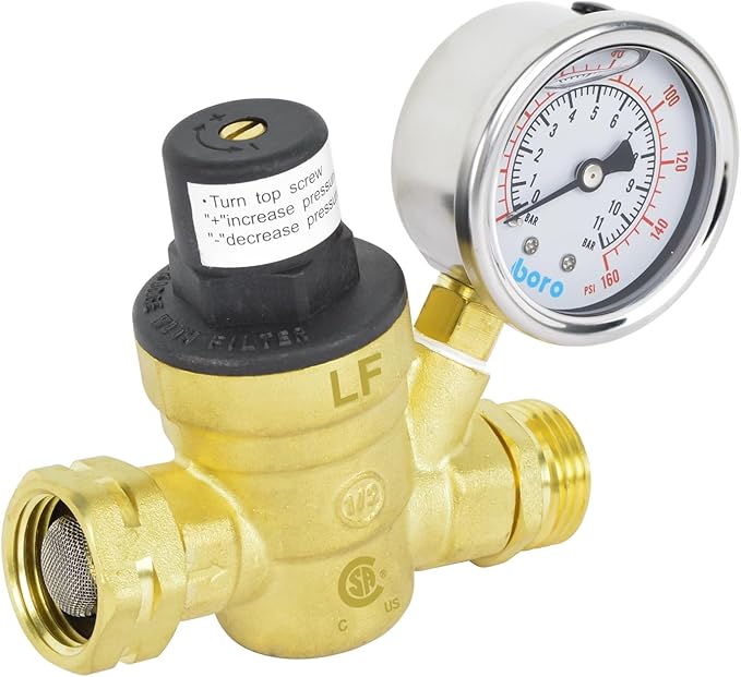 HYDRO MASTER Water Pressure Regulator Brass Valve with Gauge for RV Camper, Pressure Range 0-160PSI / 0-11Bar