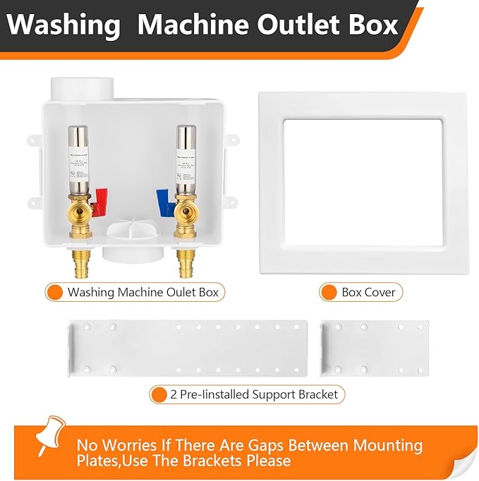 1-Pack HeSun Washing Machine Outlet Box,Pex A Expansion Washer Box with Drain, 1/2 Inch PEX-A Inlet x 3/4 Inch MHT Outlet,with Stainless Steel Arrestor,ASTM F1960,White(WM008)