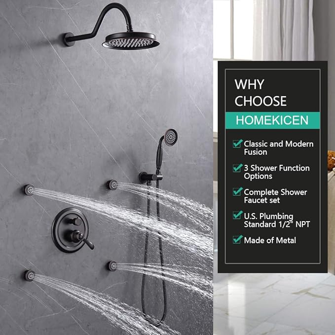 Antique Shower Faucet-Sets Fixtures: 9 inch Wall Rain Head with Handheld Spray and Body Jets, 3 Way Diverter Rough in Valve System included Trim Kit, Oil Rubbed Bronze