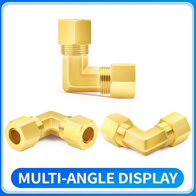 ChillWaves Brass Compression Tube Fitting, 3/8" OD x 3/8" OD 90 Degree Elbow Compression Union Connector(5-PACK)