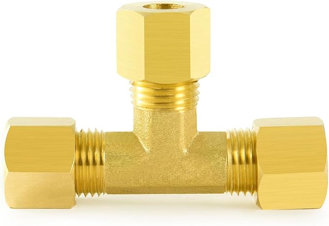ChillWaves Brass Tee Compression Tube Fitting, 3/16" OD x 3/16" OD Union Connector (5-Pack)