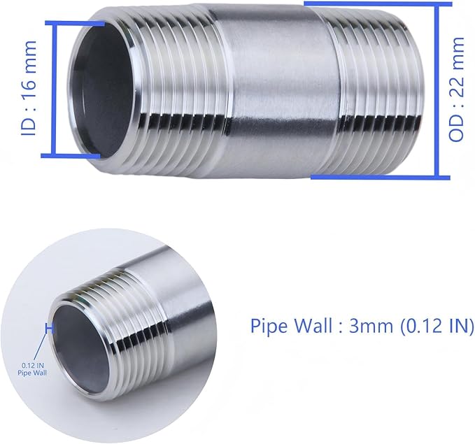 CONSTELLAR 304 Stainless Steel Pipe Fitting - 1/2" NPT Male x 1/2" NPT Male Threaded Thickened Pipe Wall, 300mm (12 inch) Length Heavy Nipple Seamless Pipe (1 Pcs)