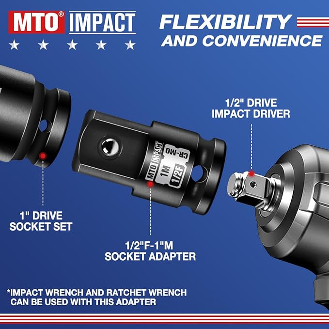 MTO 1/2" Female to 1" Male Impact Socket Adapter, 1/2-Inch Impact Socket Adapter, Chrome Molybdenum Alloy Steel, for Impact Wrench & Ratchet Use