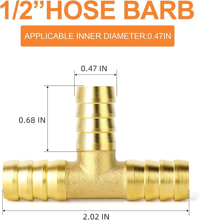 GASHER 5 Pieces Brass Hose Barb Tee, 3-Way Tee Hose Fitting (1/2" x 1/2" x 1/2" Hose Barb) with 15 Hose Clamps