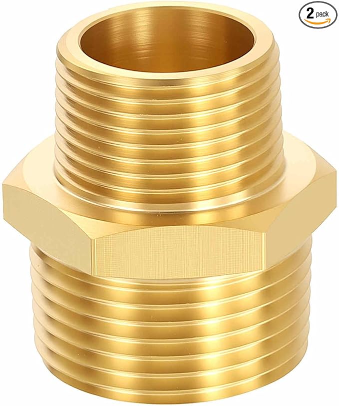 2 Pack Brass Pipe Fittings, 1" NPT Male to 3/4" NPT Male Brass Hex Nipple, Male Pipe Adapter Reducer for Air, Oil, LP
