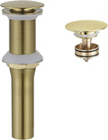 BWE Brushed Gold Pop Up Drain for Bathroom Sink Without Overflow Bathroom Sink Stopper Assembly with Sink Drain Strainer, Brass