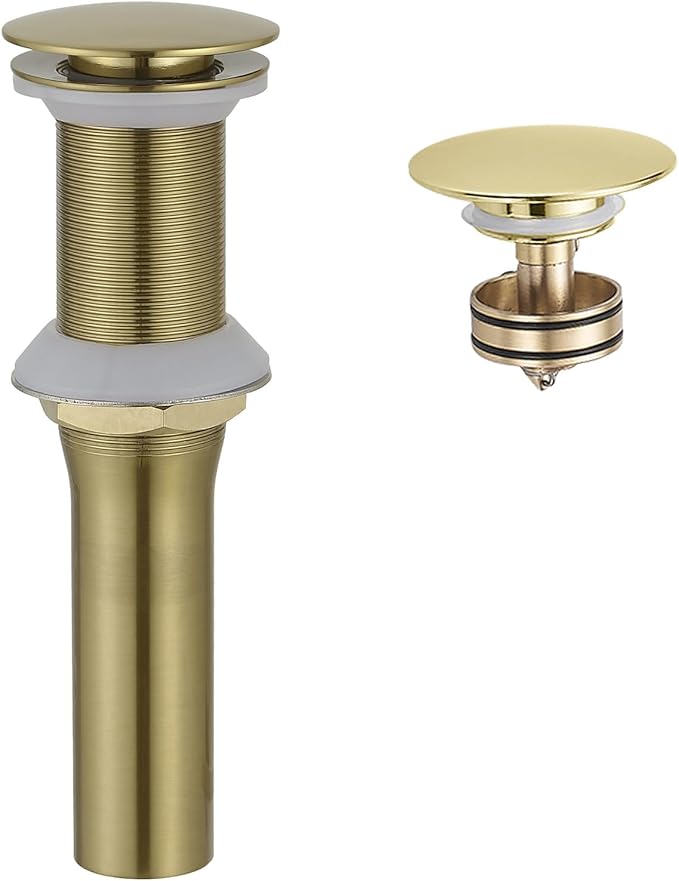 BWE Brushed Gold Pop Up Drain for Bathroom Sink Without Overflow Bathroom Sink Stopper Assembly with Sink Drain Strainer, Brass