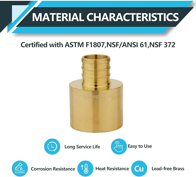 (100-Pack) PEX Fittings, Pex 3/4"x1" Female Sweat Copper Adapter, Brass Crimp Fittings, for PEX Tubing Pipe Plumbing, ASTM F1807(PEX1807135-100Pack)