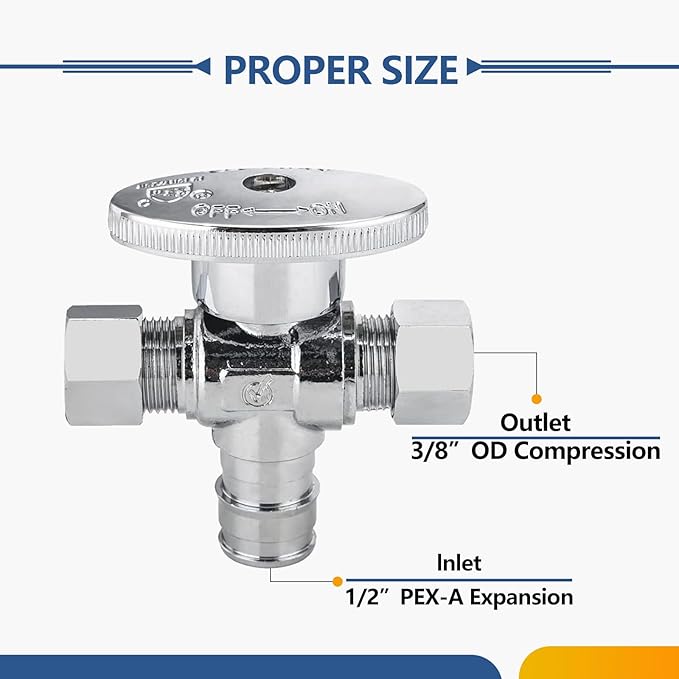 100-Pack GUOFIS PEX-A Angle Stop Valve with Dual Compression Outlet,1/2" PEX-A Expansion Inlet x (3/8" x 3/8") Outlet Shut-off Valves(1/4 Turn,Chrome)(VALVE128-100Pack)