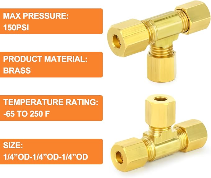 GASHER 5PCS Brass Compression Tube Pipe Fitting Connector, Tee，1/4" x 1/4" x 1/4" Tube OD Connector