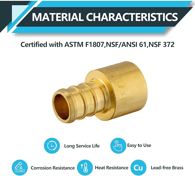(100-Pack) PEX Fittings, Pex 1/2"x1/2" Female Sweat Copper Adapter, Brass Crimp Fittings, PEX Tubing Pipe Plumbing, ASTM F1807(PEX1807127-100Pack)