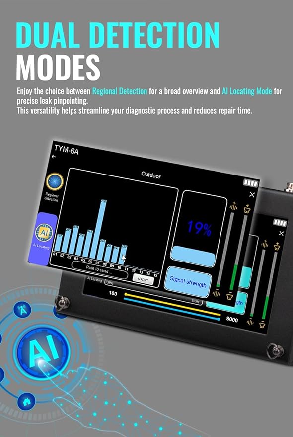 TYM-6A Professional Water Leak Detector - AI Detection, Dual Display, Adjustable Frequency for Water/Fire Pipeline Pressure