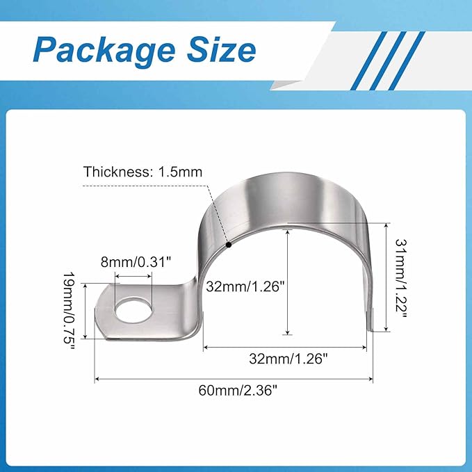 HARFINGTON 1-1/4 Inch Pipe Strap, 304 Stainless Steel Conduit Clip 10Pcs Single Hole Strap Clamp for Pipe Tube Cable Fixing (32mm, Silver)