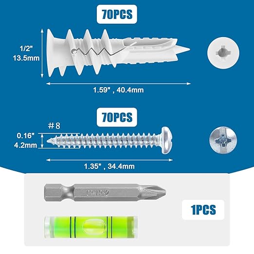 LEYU 140PCS Self Drilling Drywall Anchors and Screws Kit #8 x 1-1/4”, Heavy Duty Dry Wall Anchors for Hanging Shelves,Picture Frames,Curtains, No Pre-Drilling， Plastic Wall Anchors