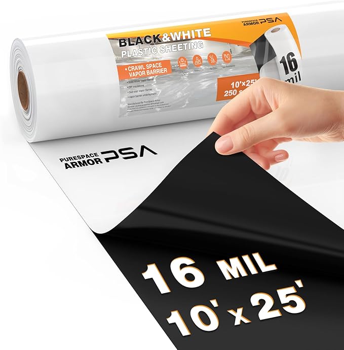 Crawl Space Vapor Barrier, 16 Mil Vapor Barriers, 10' x 25', Drop Cloth Vapor Barrier Covering for Crawl Space Encapsulation, Heavy Duty Polyethylene Plastic Sheeting, Black and White Panda Film