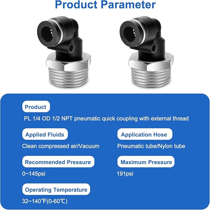 10 Pcs Push to Connect Fittings 1/4 Inch Tube OD x 1/2 Inch NPT Thread Pneumatic Male Elbow Quick Connect Air line fittings