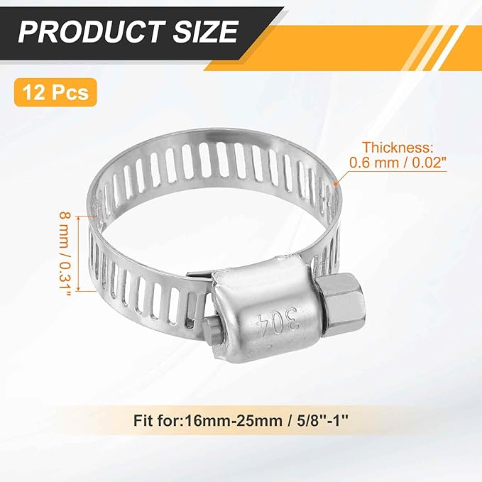 HARFINGTON 12 Pcs Hose Clamp 5/8"-1" (16-25mm) 304 Stainless Steel Adjustable Worm Gear Hose Clamp with Phillips Screw Assortment Kit for Fuel Line Pipe Plumbing Automotive Tube