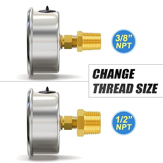 MEANLIN MEASURE 0~15Psi Stainless Steel 1/4" NPT 2.5" Single Scale FACE DIAL,Glycerin Filled Pressure Gauge, WOG Water Oil Air Back Mount, with 1/4" x 1/2" NPT and 1/4" x 3/8" NPT Hex Bushing