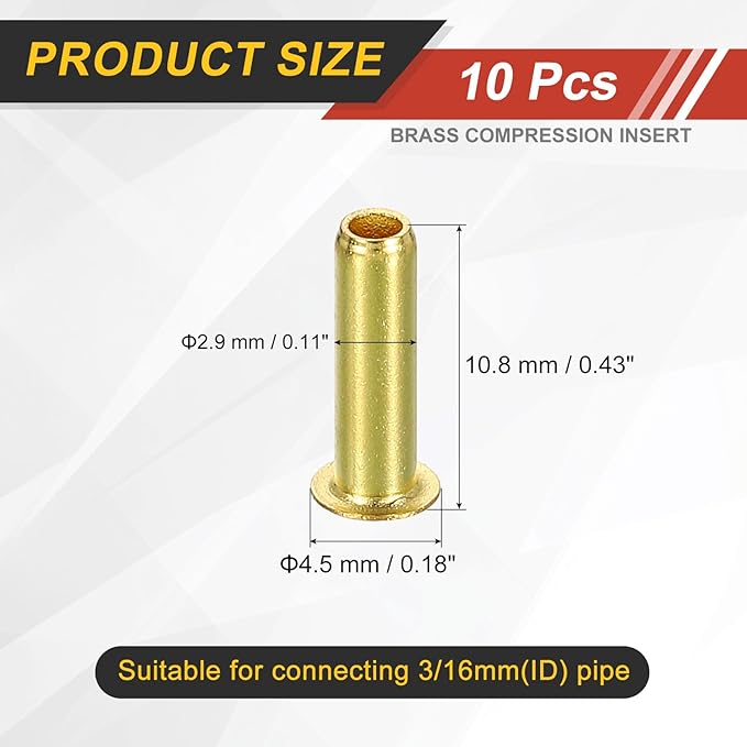 uxcell 10Pcs Fit for 2.9mm(1/8") Tube ID Brass Compression Fitting, Insert Tube Support Compression Sleeve Fitting, Sleeve Ferrules for Water Oil Air Pipe
