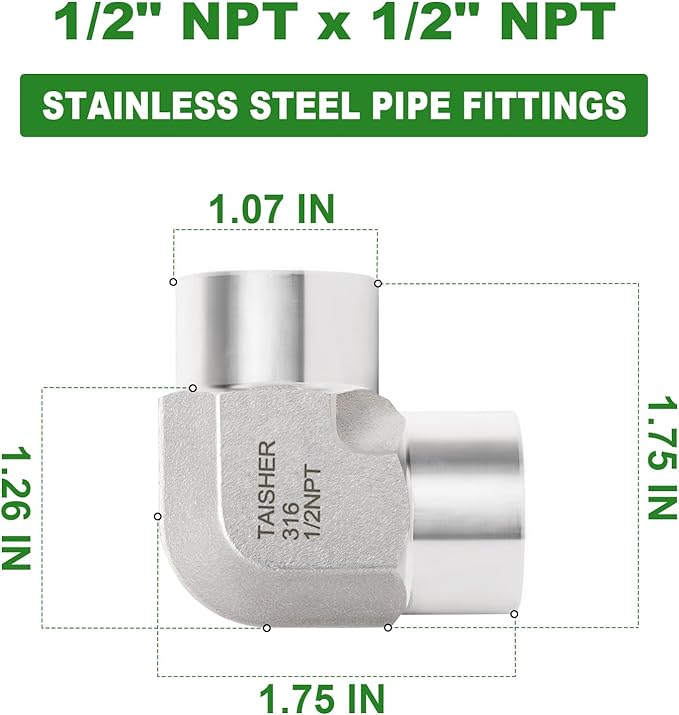 TAISHER 2PCS 316L Stainless Steel 90 Degree Barstock Street Elbow, 1/2" NPT Female to 1/2" NPT Female 316L Stainless Pipe Fitting