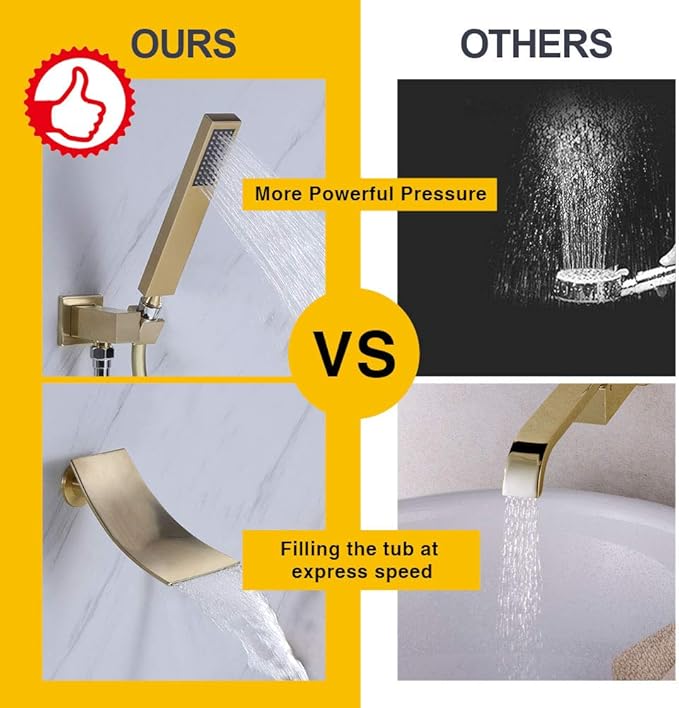 Wall Mount Bathtub Faucet with Handheld Shower, Brushed Gold Single Handle Bathroom Waterfall Tub Filler Solid Brass Tub Shower Faucet Set Rough-in Valve Trim Kit