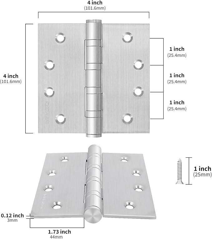 goldenwarm 3 Pack 4 x 4 Inch Ball Bearing Door Hinges Heavy Duty Stainless Steel Exterior Door Hinges with Square Corners, Brushed Nickel, Smooth & Quiet with Non-Removable Pin
