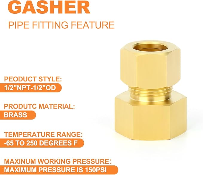 GASHER 5PCS Brass Compression Tube Pipe Fitting Connector, 1/2" Tube OD x 1/2" NPT Female Connector