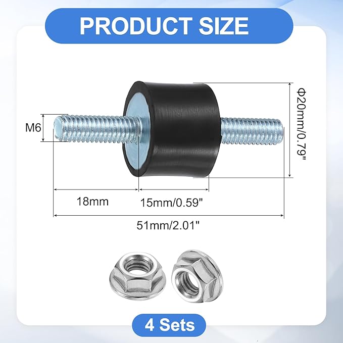 uxcell 4Pcs M6 x 18mm Rubber Mounts, 20 x 15mm Cylindrical Anti Vibration Isolator Studs Shock Absorber Double Studs with Nuts for Car Bobbin Generator Air Compressors