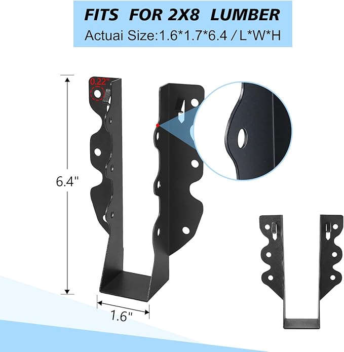 16 Pcs 2"x 8" Joist Hanger,Q235B Steel Face Mount Joist Hangers,Black Powder Coated Hurricane Ties for Rafter, Rafter Brackets for Floor, Deck and Ceiling Joists