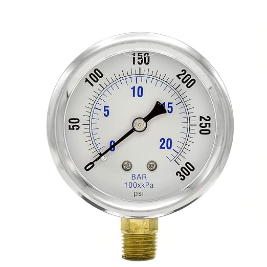 PIC Gauges PRO-201L-254H Bottom Mount Glycerin Filled Industrial Pressure Gauge w/ SS Case, Brass Internals, Plastic Lens, 2.5" Dial, 0/300 psi Range, 1/4" Male NPT